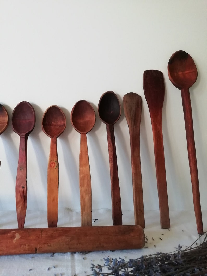 Lot of 14 Antique Wooden Kitchen Mixing Utensils Old Carved Etsy