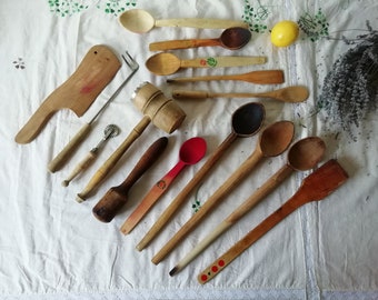 Collection of 15 Vintage Wooden Mixing Spoons - Wood Kitchen Spoons - Rustic Utensil Set Kitchen Cooking - Primitive Kitchen Utensils Decor