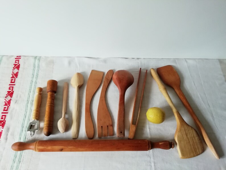 Vintage Wooden Kitchen Utensils Old Rustic Wood Spoons Etsy