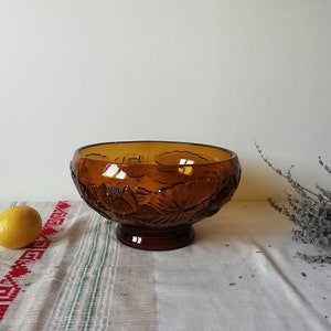 Beautiful Amber Dark Orange Bowl Pressed Glass, Vintage 1970s