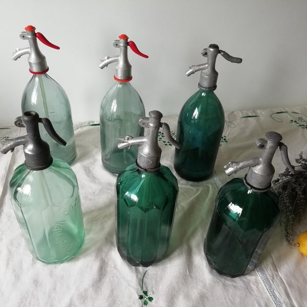 Aqua Blue Green Soda Seltzer Siphon Bottles from Romania