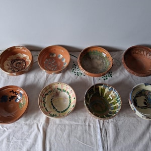 Rustic Antique Terracotta Bowls, Vintage Romanian Clay Pottery for Farmhouse Decor, Used Bowls with Patina and Chipped Paint