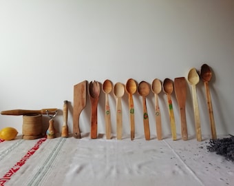 Collection of 14 Vintage Wooden Mixing Utensils - Wood Carved Spoons - Rustic Utensil Set Kitchen Cooking - Primitive Kitchen Utensils Decor