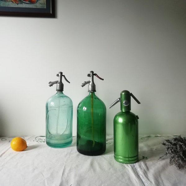 Antique Big Blue Green Seltzer Siphon Bottles from Romania, Vintage Rare Colors Seltzer Bottle, Decorative Soda Seltzer Siphon