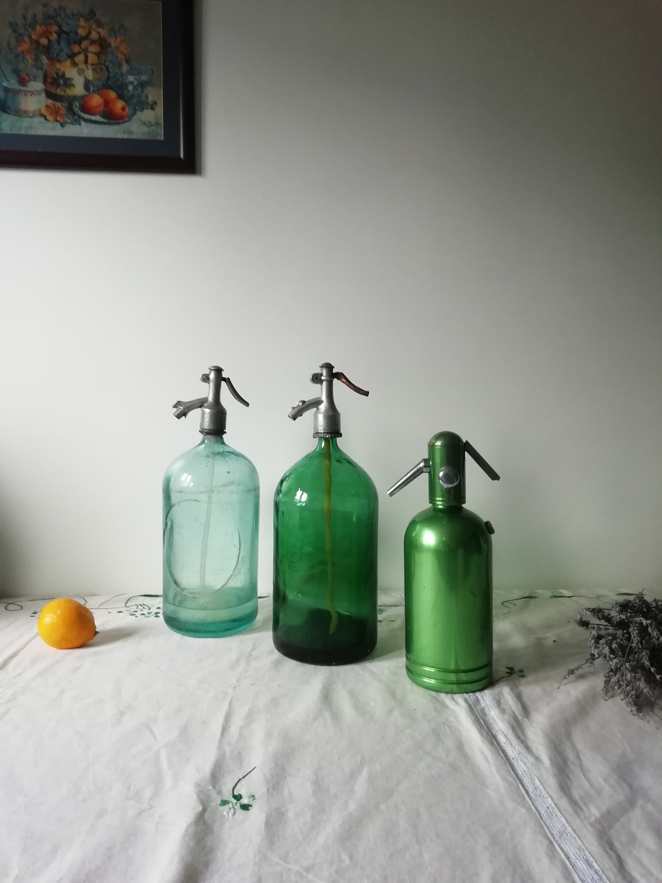 アンティークソーダサイフォン　siphon seltzer bottle Antique Big Blue Green Seltzer Siphon Bottles From Romania