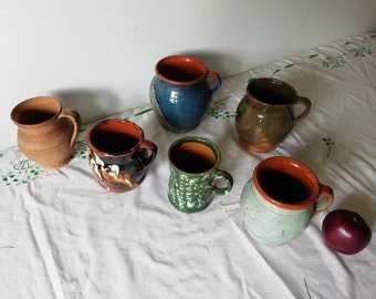 Vintage Hand-Painted Ceramic Clay Milk Pitchers - Charming Farmhouse Decor