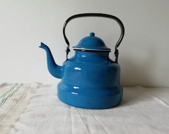 Beautiful Enamel Blue Tea Pot Jug, Unique Enamelware, Rare Old Pitcher, Vintage Flower Vase, Primitive Country Decor