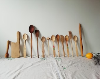 Collection of 14 Vintage Wooden Mixing Spoons - Wood Kitchen Spoons - Rustic Utensil Set Kitchen Cooking - Primitive Kitchen Utensils Decor