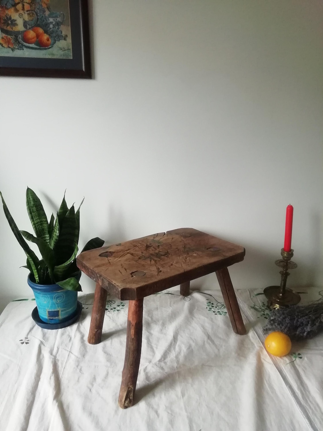 Antique Wooden Milking Stool - Old Four Legged Flower Stand - Primitive ...