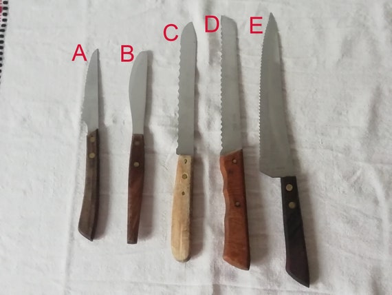 Hand drawn dinner knife. Vintage chef knives, engraved kitch