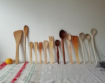 14 Vintage Wooden Rustic Kitchen Utensils: Old Wood Spoons Forks Spatulas - Rustic Primitive Kitchen Decor