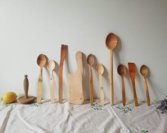 Vintage Wooden Mixing Kitchen Utensils, Old Wood Carved Spoons, Rare Primitive Tableware, Rustic Food Photo Props, Set of 11