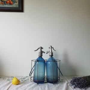 Antique seltzer siphon bottles in metal basket with handles, Set of 2 vintage rare color seltzer bottle, Blue Soda Seltzer Siphon