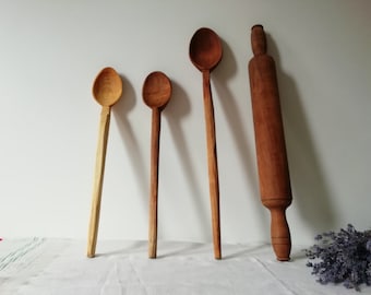 Set of 4 Large Primitive Wooden Kitchen Utensils - Old Kitchen Spoons Collection - Vintage Rustic Hand-Carved Spoons & Big Aged Rolling Pin