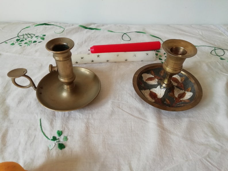Antique Brass Bronze Copper Candle Holders, Charming Chamber Candlestick, Primitive Candle Holders image 2