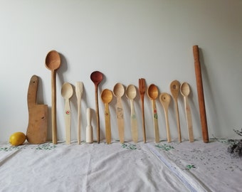 Set of 15 Vintage Wooden Mixing Spoons Spatulas Fork Wooden Cleaver Pestle - Kitchen Cooking Utensils - Primitive Decor - Rustic Charm