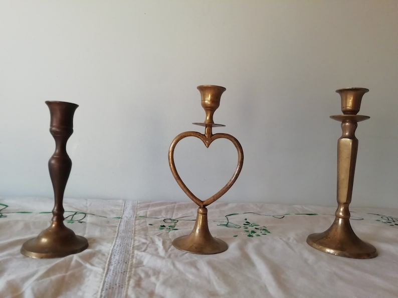 Antique Brass Bronze Copper Candle Holders, Charming Chamber Candlestick, Primitive Candle Holders image 3