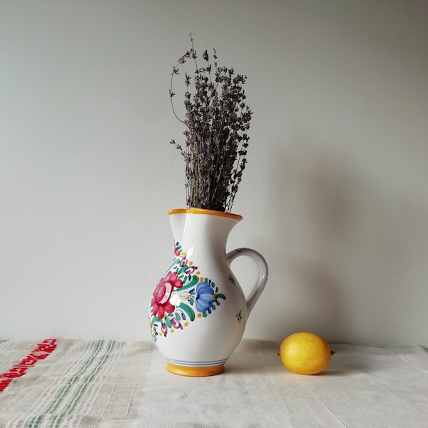 Earthenware pottery jug, Vintage rustic ceramic flower vase, Rural clay pitcher folk pot, Keramika Modra floral design hand painted