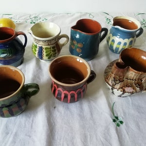 Old farmer's jugs, Milk pitchers made of ceramics, Handmade hand-painted folk primitive vessel, Rustic terracotta pottery, Country house
