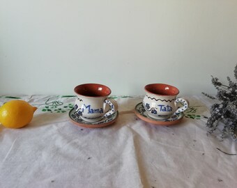 2 Handmade Ceramic Coffee Cups With Saucers, Clay Pottery Set of 2 Tea Cups for Use or Rustic Farmhouse Decor