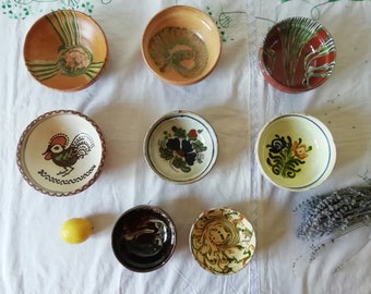 Antique Clay Bowls, Vintage Handmade Ceramic Plates, Rustic Primitive Terracotta Romanian Pottery, Farmhouse Earthenware Used Bowls
