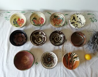 Antique Primitive Clay Bowls, Vintage Handmade Ceramic Plate, Rustic Terracotta Pottery, Food Photo Props