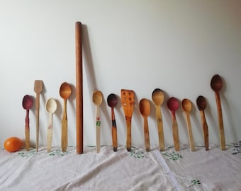 Set of 14 vintage wooden kitchen utensils: wood spoons spatulas rolling pin, rustic antique primitive food photo props decor