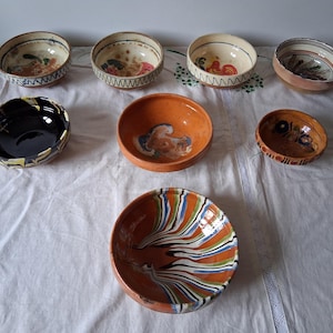 Antique Primitive Clay Bowls, Vintage Handmade Ceramic Plate, Rustic Terracotta Pottery, Food Photo Props