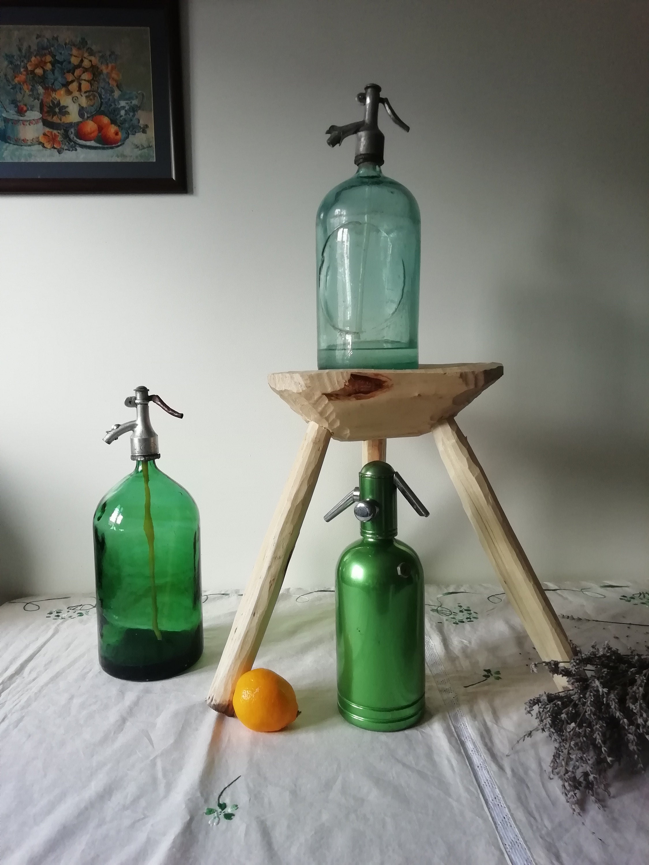 Antique Big Blue Green Seltzer Siphon Bottles From Romania