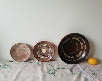 Set of 3 Antique Rustic Handcrafted Clay Plates for Wall Hanging Decor from Romania