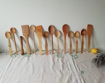 Set of 14 Vintage Wooden Mixing Spoons Spatulas, Old Wood Kitchen Utensils, Rustic Food Photo Props, Primitive Carved Tableware