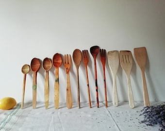 Mix of 12 Wooden Rustic Kitchen Utensils, Romanian Antique Hand Carved Vintage Spoons for Primitive Kitchen Country Decor