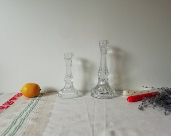 Set of 2 vintage glass candlesticks holders - Clear glass candleholders for decor or gifts