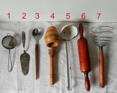 Food Photography Props - Food Prop - Styling - Utensils - Vintage strainer pie server spoon mortar pestle enameled ladle rolling pin whisk