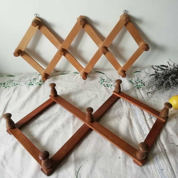 Vintage Folding Wooden Hanger, Wall Hanging Hat Coat Rack, Wood Accordion Hanger with Ten Hooks or Seven Hooks