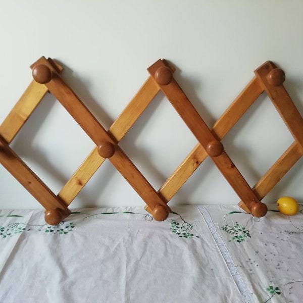 Big Vintage Wood Accordion Hanger with Ten Hooks, Folding Wooden Hanger, Wall Hanging Hat Coat Rack