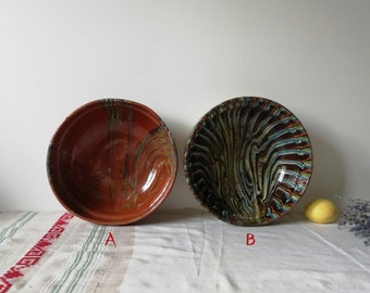 Large 10.23'' antique handmade ceramic clay bowl, Primitive earthenware bowl with folk motifs, Vintage glazed terracotta pottery art