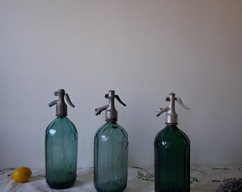Aqua Blue Green Soda Seltzer Siphon Bottles from Romania