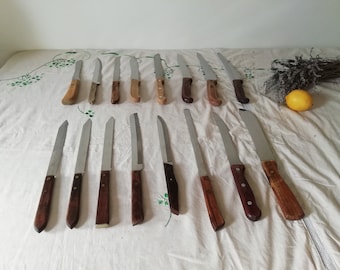 Large Wood Handled Vintage Kitchen Knife - Antique Knives with Wooden Handles for Use or Food Photography Props