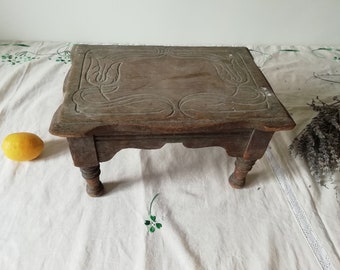 Antique Primitive Rustic Wooden Milking Foot Step Stool, Vintage Carved Plant Stand, European Country Farmhouse Decor