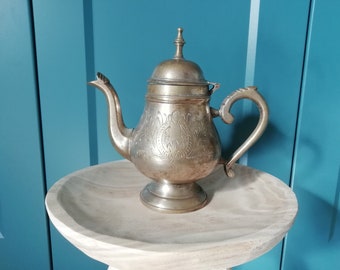 Vintage Brass Coffee Pot, Old Hot Water Jug for Rustic Home Decor, Antique Engraved Teapot for Food Photo Props