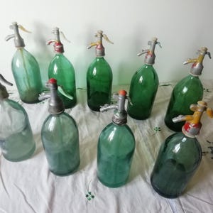 Antique Green Blue Seltzer Siphon Bottles from Romania, Vintage Colors Soda Seltzer Glass Bottle