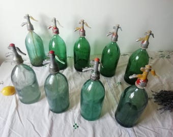 Antique Green Blue Seltzer Siphon Bottles from Romania, Vintage Colors Soda Seltzer Glass Bottle