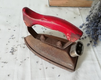 Vintage Rusty Flat Iron with Red Wooden Handle - Antique Collectible Heavy Clothes Iron for Decor