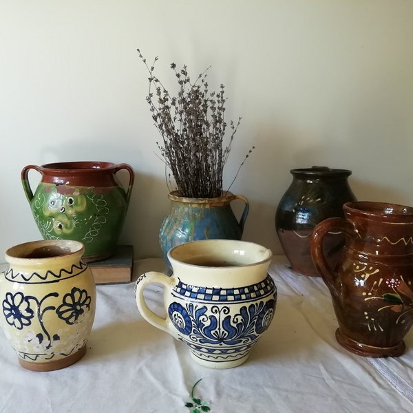 Antique farmer's jugs, Big ceramic milk pitchers, Handmade hand-painted folk primitive vessel, Rustic terracotta pottery, Country house