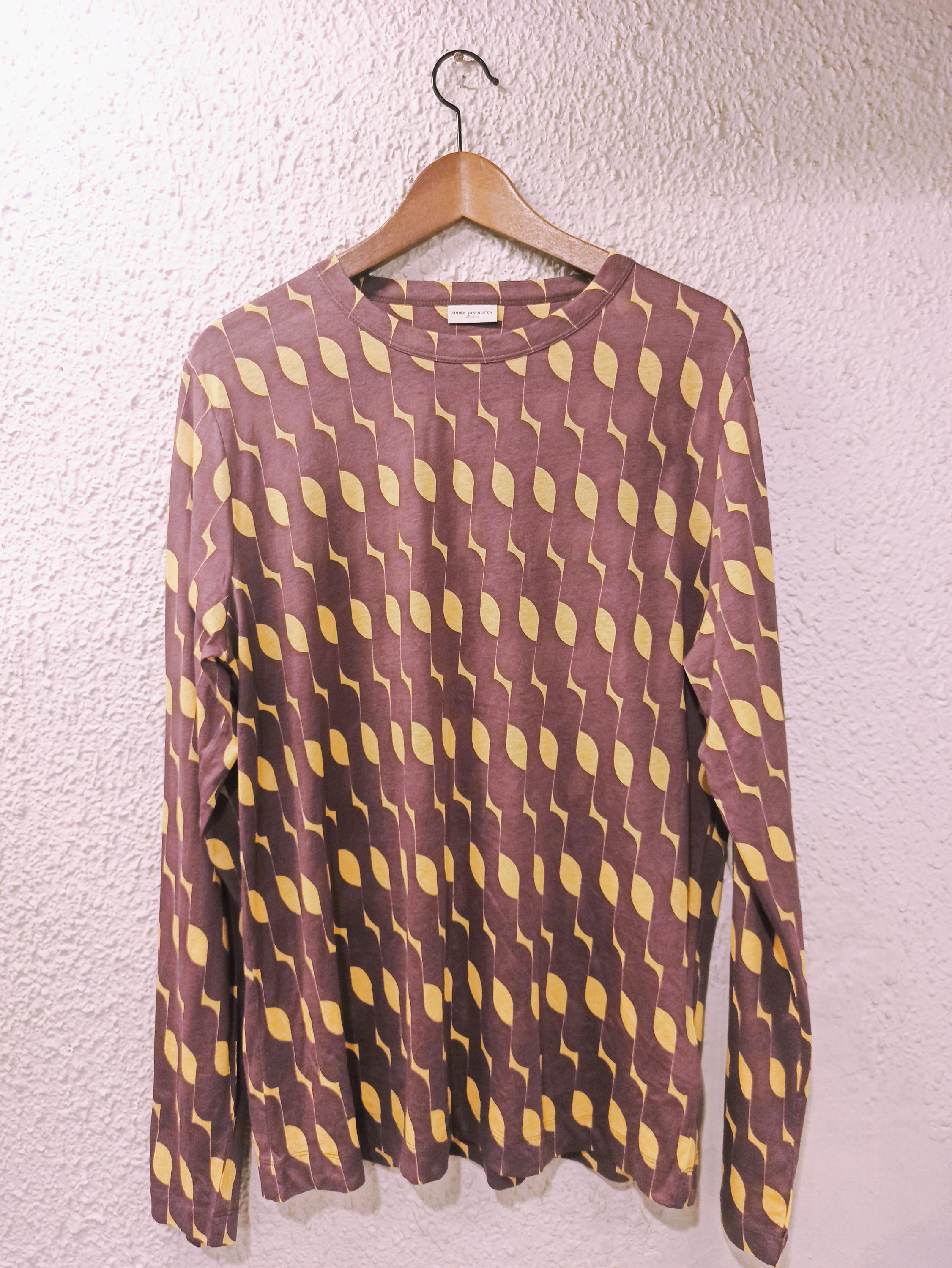 DRIES VAN NOTEN Graphic Printed Long Sleeve Cotton Top in Brown