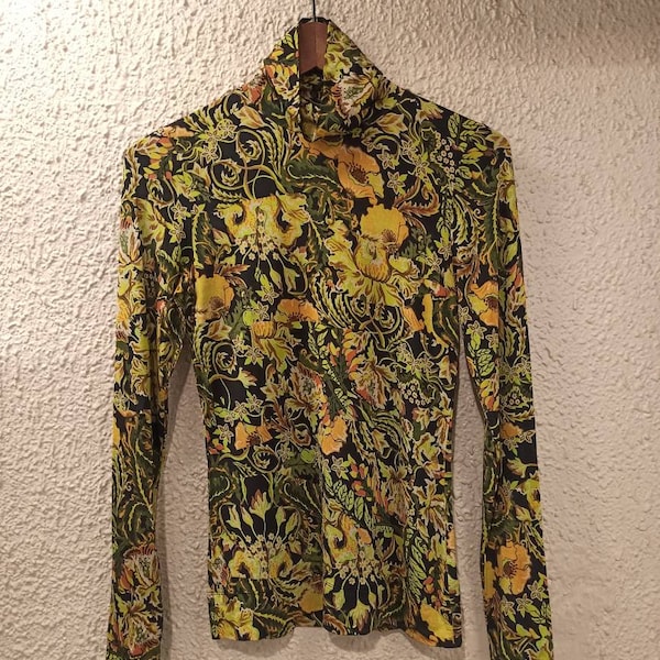 DRIES VAN NOTEN Graphic Bedruckter Rollkragenpullover Gelb Stretch Jersey Top Größe Extra Small Neu !!