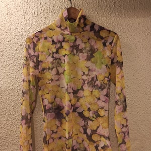 DRIES VAN NOTEN Floral Printed High-Neck Mesh Top Yellow size Medium New !!