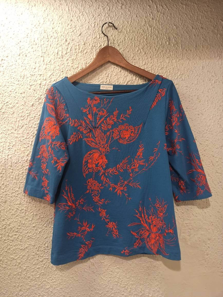 DRIES VAN NOTEN Floral Embroidered Sweatshirt Blue Size Small New