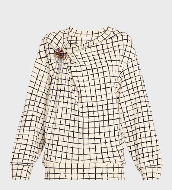 DRIES VAN NOTEN Plaid Pin Detailed Cotton Sweatshirt in Creamy White size Small